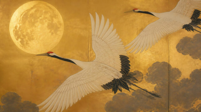 Elegant Cranes Fly Across a Golden Moonlit Sky