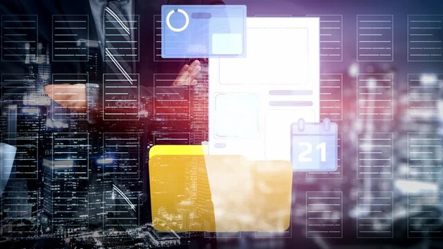 Business Professional Overseeing Digital Workflow with Graphic Interface Elements Against a Cityscape Background. Entropy.