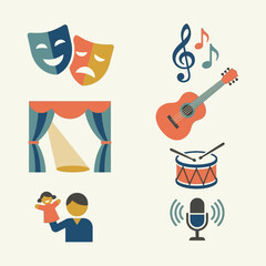 Fototapeta premium A collection of colorful icons representing various performing arts and musical entertainment activities