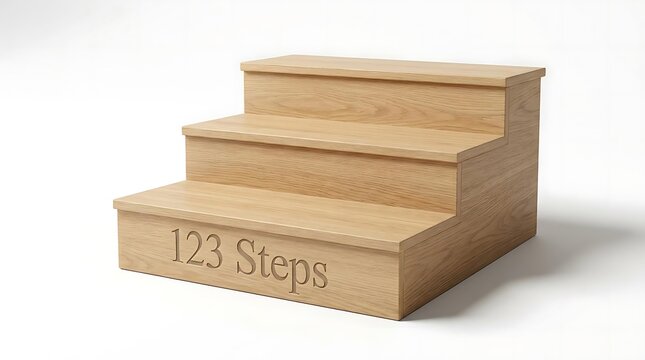 A minimalist wooden three-tier platform labeled 123 steps isolated on white background representing progress and the fundamental growth of a business