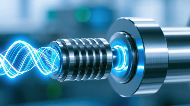Industrial sensor vibration monitoring in machine shaft with glowing wave, abstract automation technology