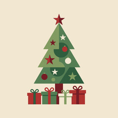 Obraz premium A festive Christmas tree illustration with star ornaments and wrapped gifts below