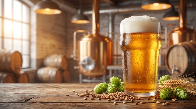 Golden craft beer in a glass pint with hops and barley in a brewery setting ale amber beverage