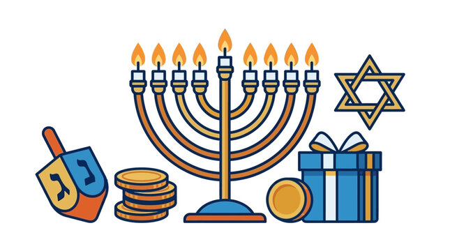 A festive Hanukkah menorah with a dreidel and gift box illustration