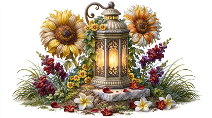 Fototapeta premium Ornate lantern with flowers isolated on white background