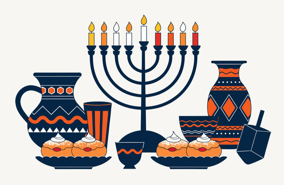 A traditional Hanukkah menorah with jelly donuts and a spinning dreidel