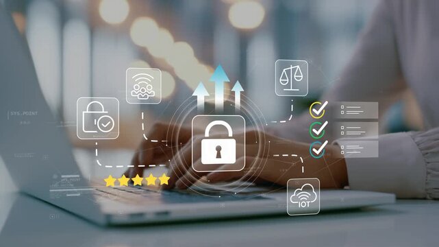 Businesswoman in modern office leading cybersecurity governance with animated lock icon, business growth strategy, compliance management, digital protection and enterprise security