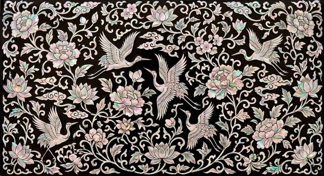 Traditional Korean Najeon Mother-of-Pearl Inlay Pattern with Cranes