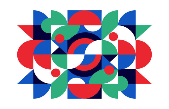 A vibrant geometric pattern composed of colorful shapes and circles