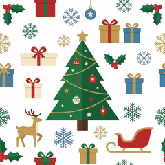 Fototapeta premium Festive Christmas pattern featuring decorated trees and gift boxes with winter snowflakes