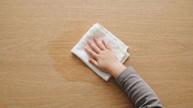 Child wiping wooden table with white cloth, cleaning chore concept for kids