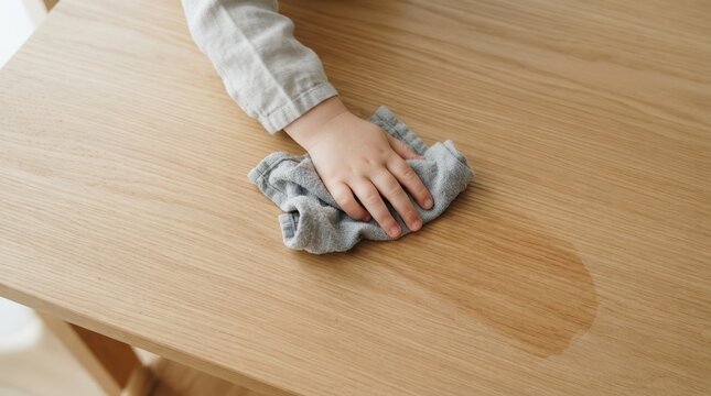 Toddler cleaning liquid spill on wooden table with a cloth, child doing chores and housework concept