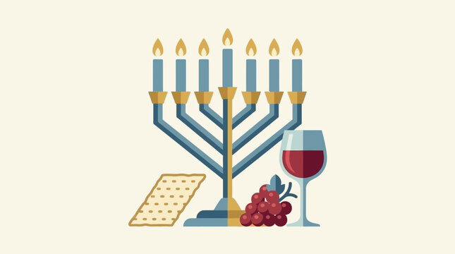Hanukkah menorah lit with candles beside matzo wine and grapes