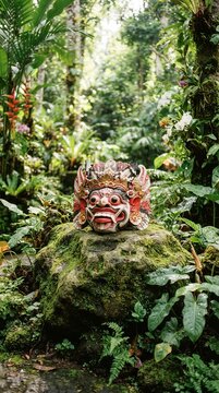 Mysterious statue found amongst lush rainforest foliage.