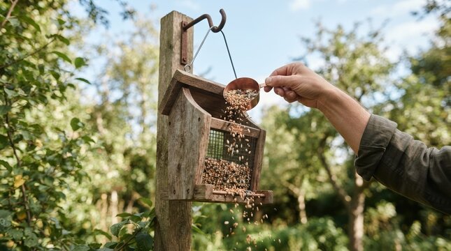 Person filling a wooden bird feeder with seeds in a lush green garden setting for wildlife care
