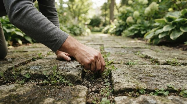 Middle-aged man pulling weeds between stone pavers in garden pathway for weeding and landscaping maintenance