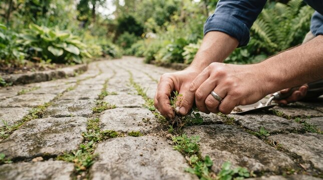 Middle aged caucasian man weeding stone path in garden with trowel, close up hands pulling weeds