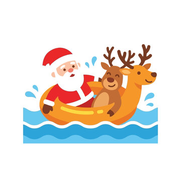 Jolly Santa Claus and a reindeer enjoy a fun ride on an orange inflatable float