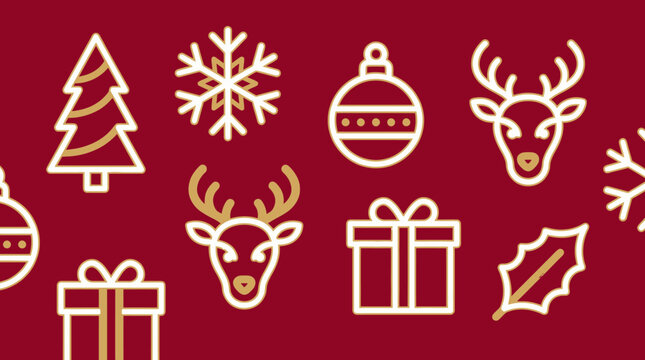 Minimalist gold line icons representing traditional festive holiday symbols and winter season elements
