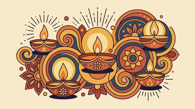 Illustration of lit diyas arranged in a festive Diwali pattern with decorative swirls