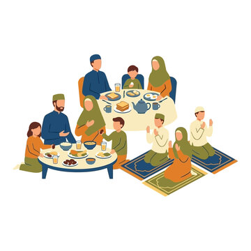 Muslim families gather together for a festive meal and prayer during Ramadan