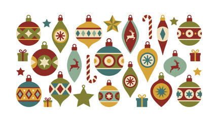 Fototapeta premium A collection of colorful vintage style Christmas ornaments and holiday decorations