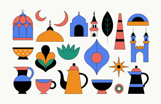Set of flat vector icons featuring traditional middle eastern architectural and cultural elements