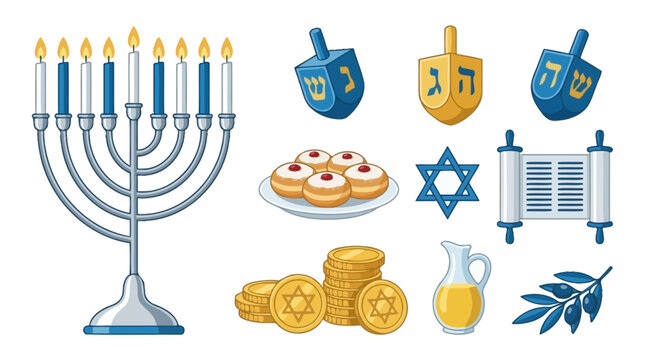 Set of traditional Hanukkah symbols including a menorah and dreidels