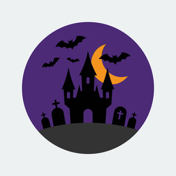 Spooky haunted castle silhouette with flying bats and a crescent moon