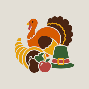 Stylized illustration of a thanksgiving turkey with a cornucopia and pilgrim hat