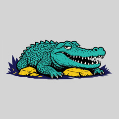 Fototapeta premium Colorful cartoon crocodile resting on yellow rocks