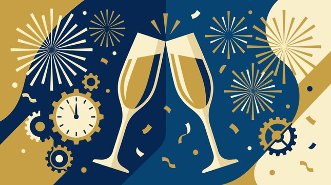 Two champagne glasses toast against a backdrop of festive fireworks and gears