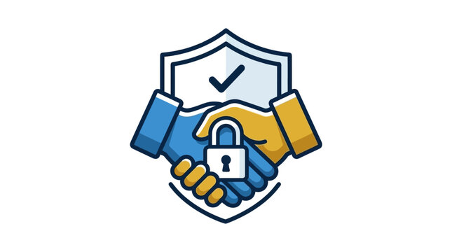 Two hands shaking in front of a shield with a padlock icon