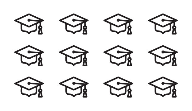 Stylized graduation cap icon set with decorative borders for academic achievement and certificate designs.