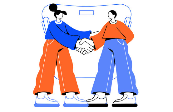 Two stylized people shaking hands to celebrate a successful business agreement