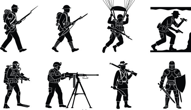 Collection of Soldier and Warrior Silhouettes Representing Modern Military, Paratroopers, Divers, and Medieval Combat Figures