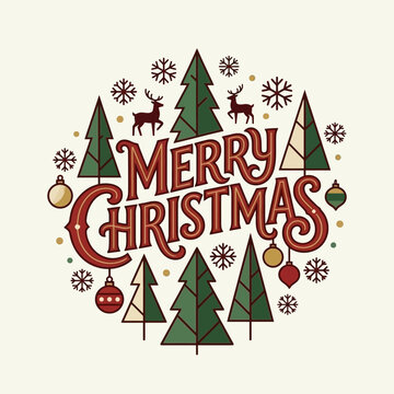Vintage style Merry Christmas illustration featuring trees, reindeer and ornaments