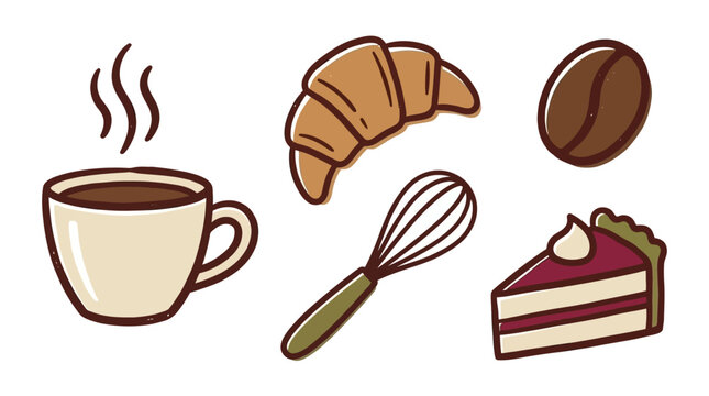 Hand drawn illustrations of coffee croissant whisk and a slice of cake