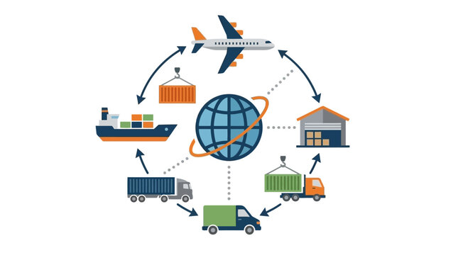 Global logistics network showing cargo transportation by ship, plane and truck