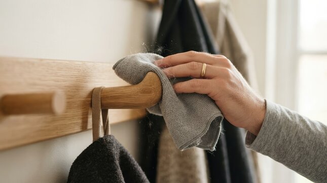 Person cleaning wooden coat hook with rag in a modern hallway, indoor chores and maintenance concept