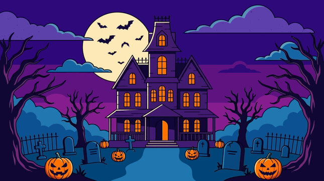 Haunted house with glowing windows under a full moon