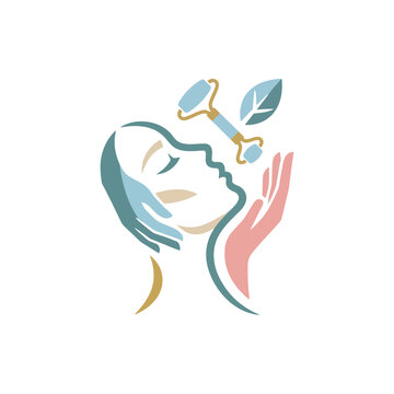 Minimalist illustration of a woman using a facial massage roller for skincare