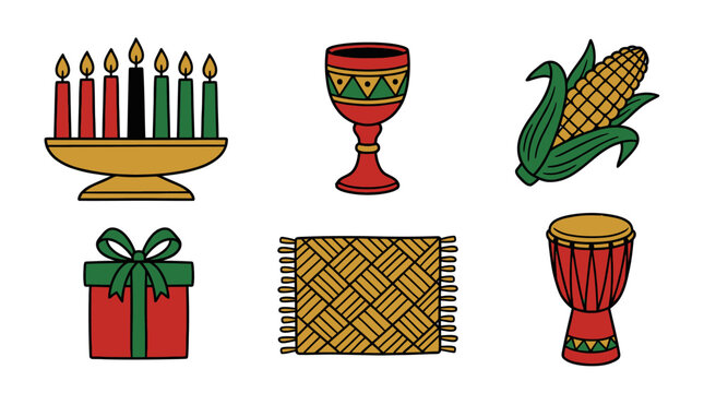 Kwanzaa celebration symbols including a kinara candle holder, unity cup, corn, gift, mat and drum