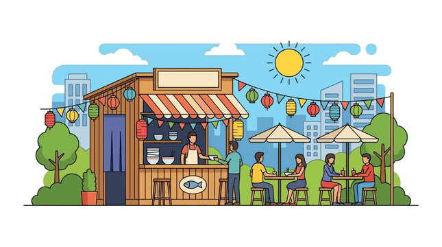 People enjoy eating at a small outdoor street food noodle stall