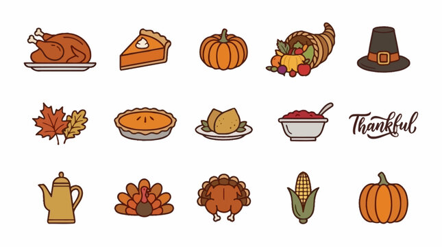 Set of cute hand drawn thanksgiving holiday icons and festive food elements