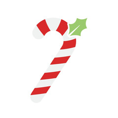 Obraz premium A classic red and white striped candy cane with green holly leaves on a white background