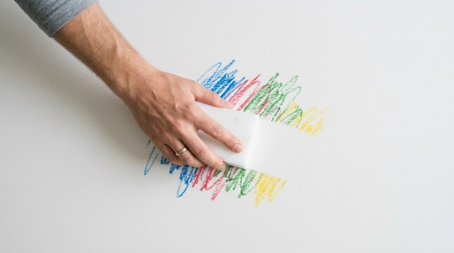 Hand using a white eraser sponge to clean colorful crayon scribbles off a clean white wall surface