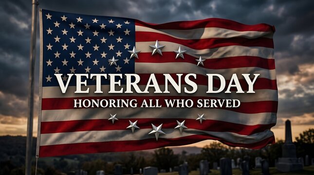 American flag waving against a dramatic sunset sky with veterans day honoring all who served text overlay