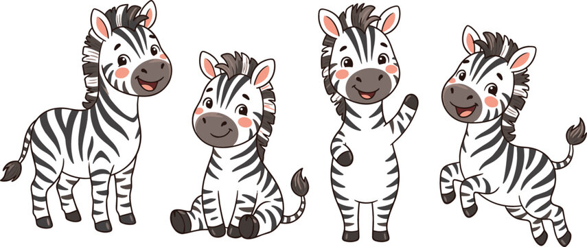 Cute baby zebra cartoon character illustration set with different poses standing sitting and jumping isolated on white background for kids nursery design