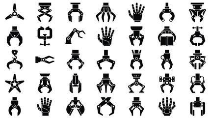 Fototapeta premium A collection of black robotic claw icons featuring mechanical grippers and industrial hands designed for modern automation technology systems